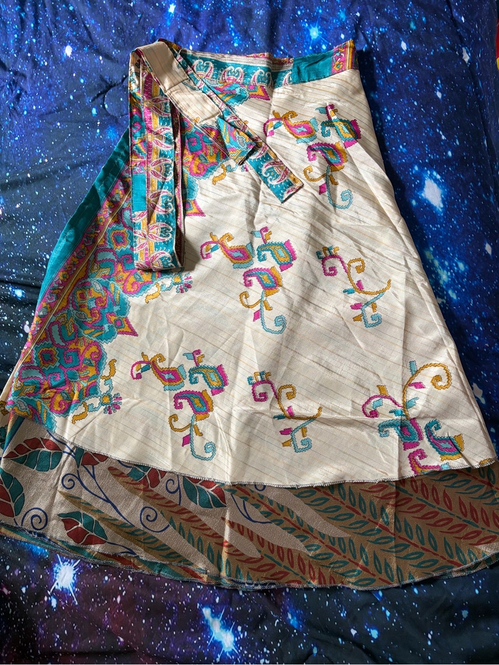 EARTHBOUND Saree Skirt with Teal, Pink and Gold Embroidery